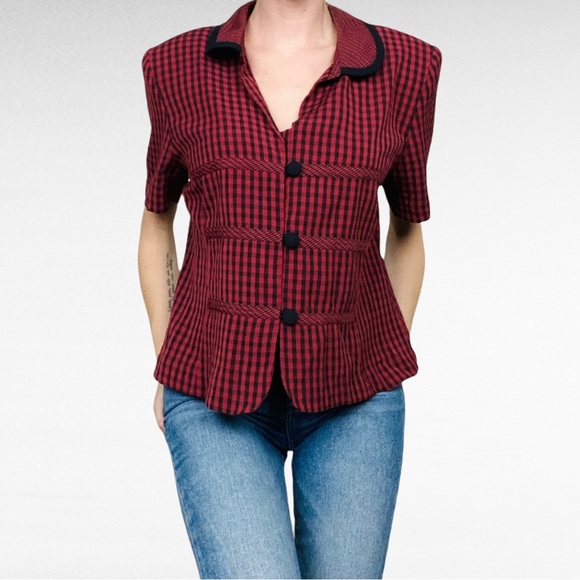 VINTAGE | 1990’s Kathie Lee Collection Black Red Checkered Short Sleeve Shirt - Picture 3 of 9
